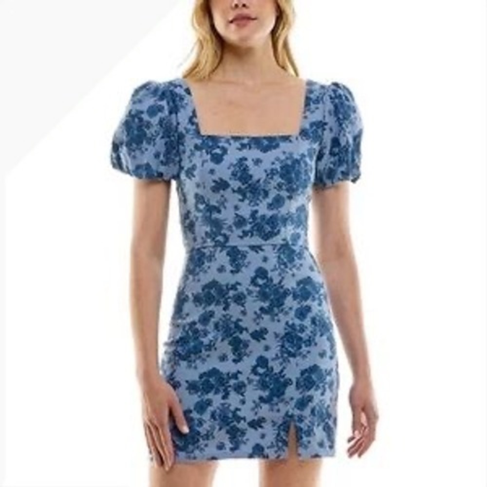 Trixxi Blue Floral Puff Sleeve Square Neck Mini Dress Size L